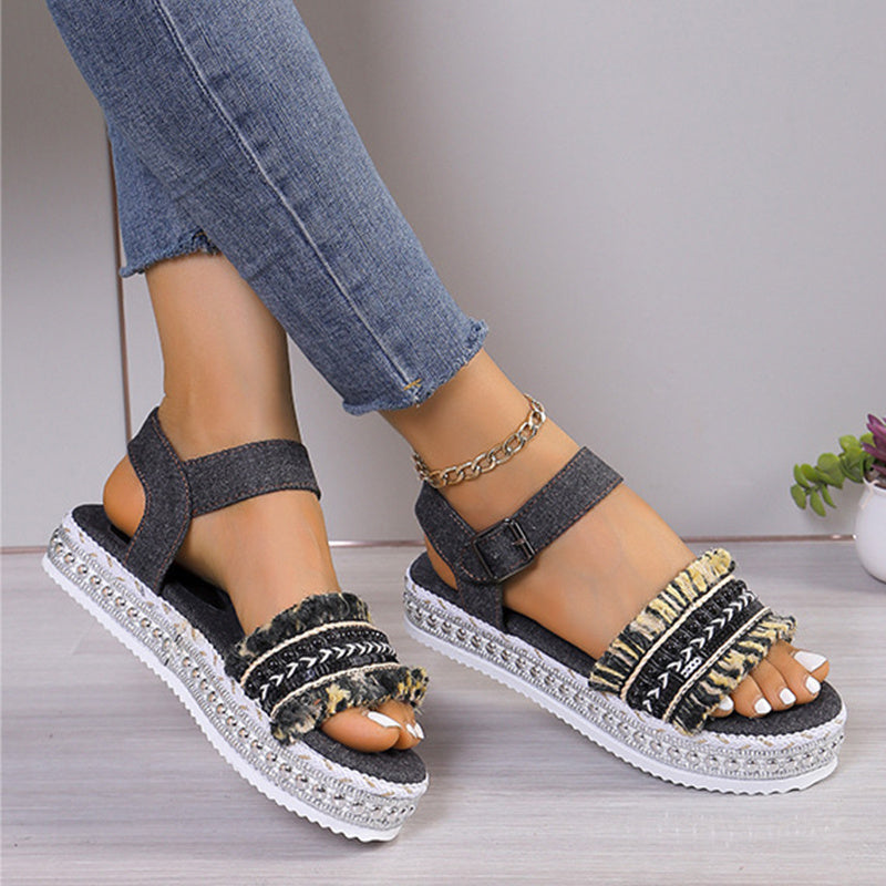 Summer Chic: Women's Ethnic Style Denim Sandals with Tassel Detailing and Thick Sole - Elevate Your Fashion Game!