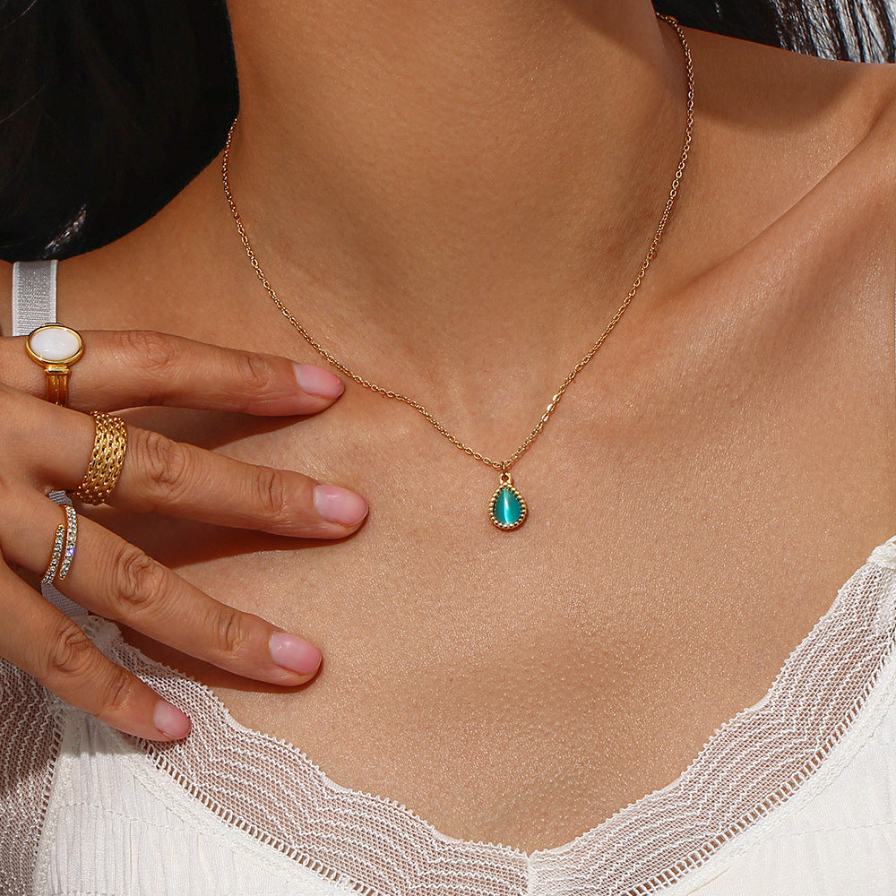 Opulent Opal: European and American Ins Fashion Minimalistic Water Drop Earrings with Stainless Steel Plated Necklace