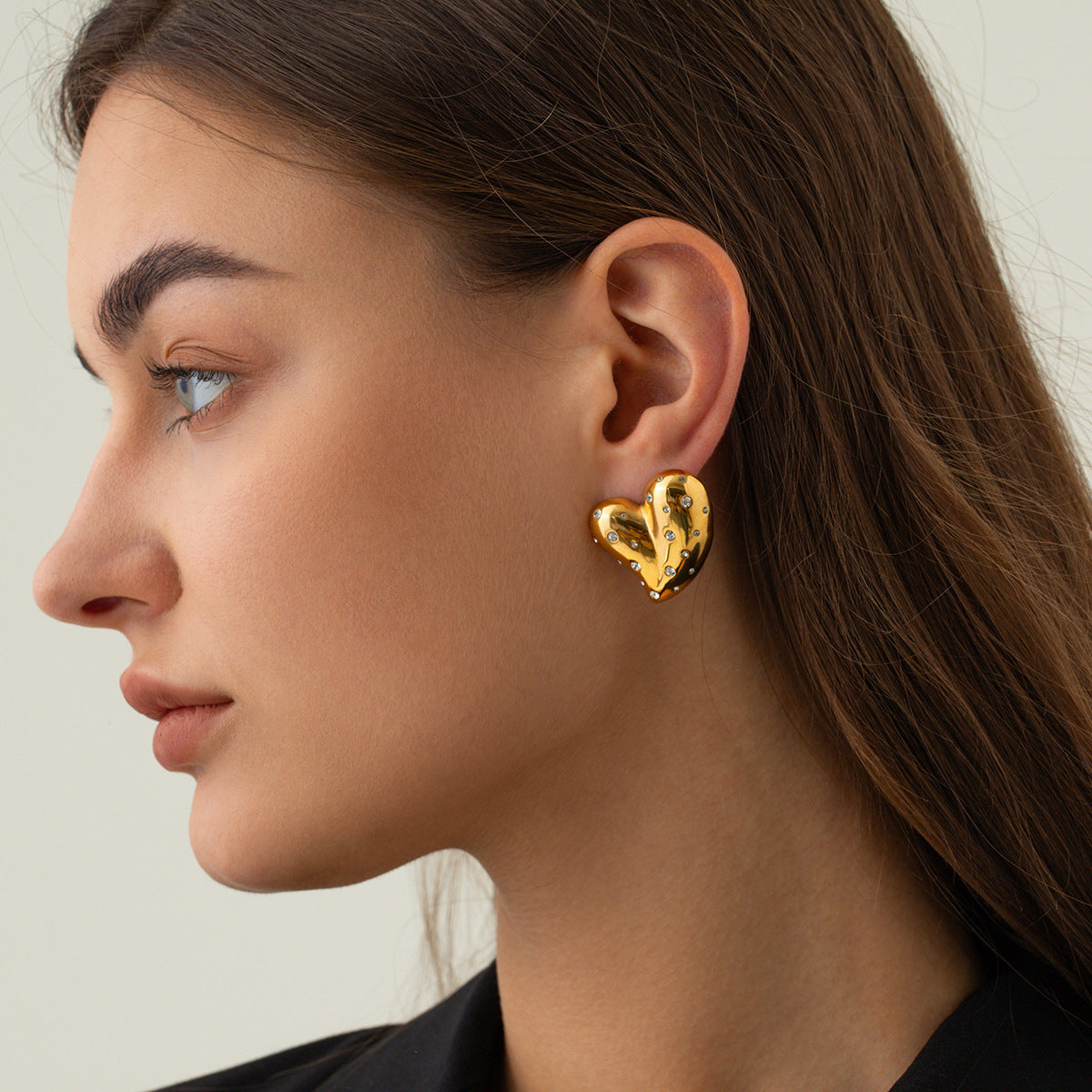 Glamorous Adornments: 18K Gold Stainless Steel Love Heart Earrings with White Diamond Inlay
