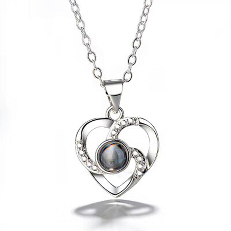 S925 Silver Heart-Shaped Pendant Necklace: Romantic Colorful Photo Projection