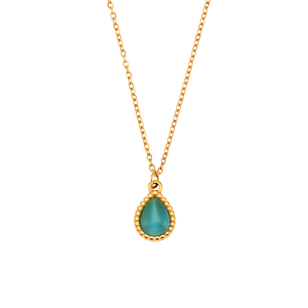 Opulent Opal: European and American Ins Fashion Minimalistic Water Drop Earrings with Stainless Steel Plated Necklace