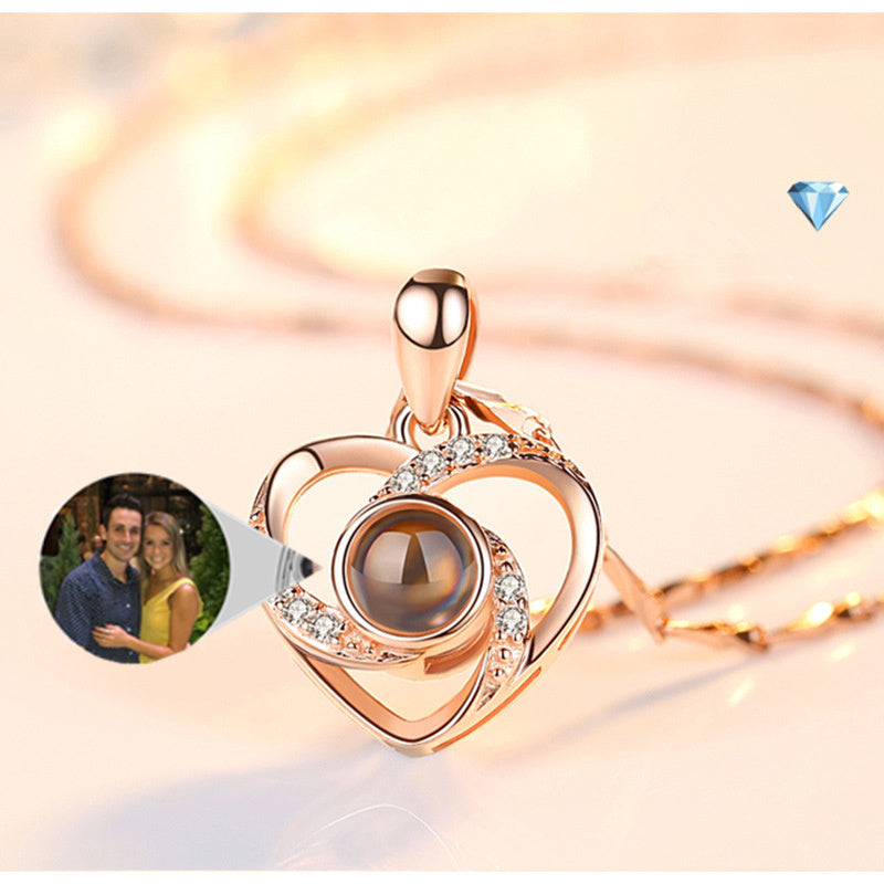 S925 Silver Heart-Shaped Pendant Necklace: Romantic Colorful Photo Projection