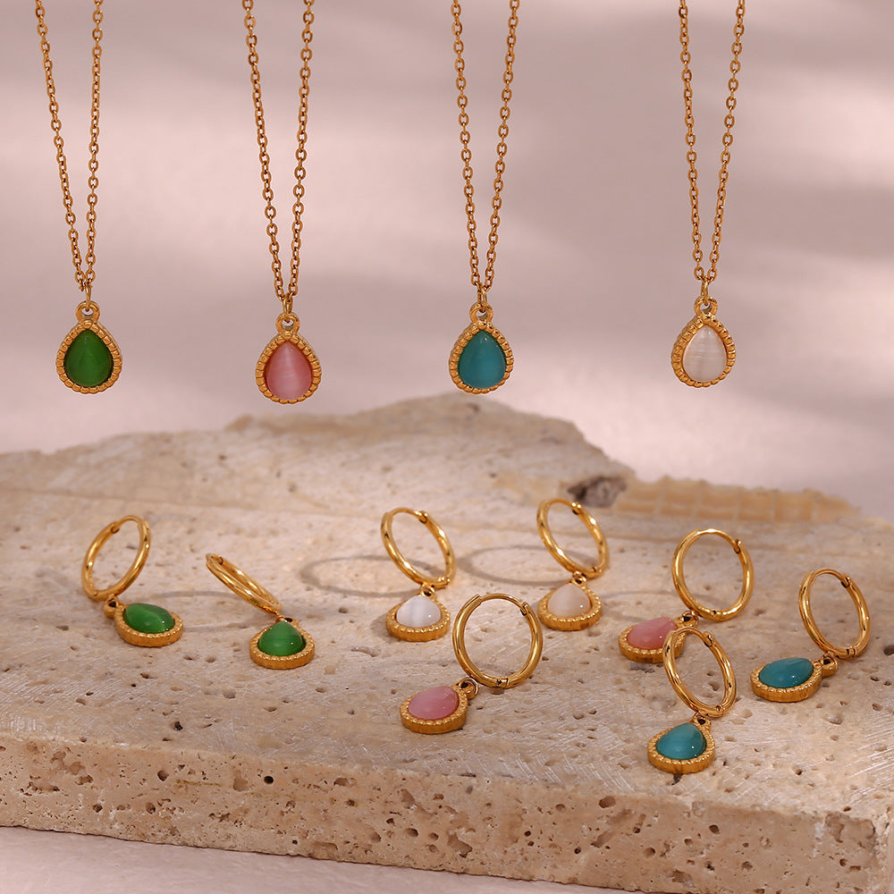 Opulent Opal: European and American Ins Fashion Minimalistic Water Drop Earrings with Stainless Steel Plated Necklace