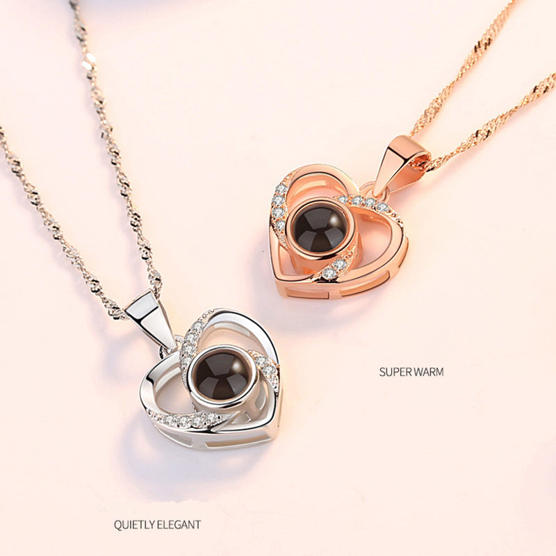 S925 Silver Heart-Shaped Pendant Necklace: Romantic Colorful Photo Projection
