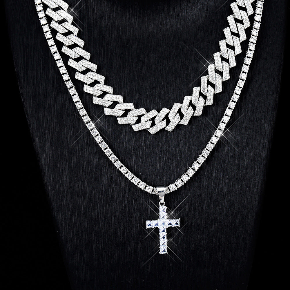 Blinged Out: Zircon Cross Pendant Necklace on Full Miami Curb Cuban Chain