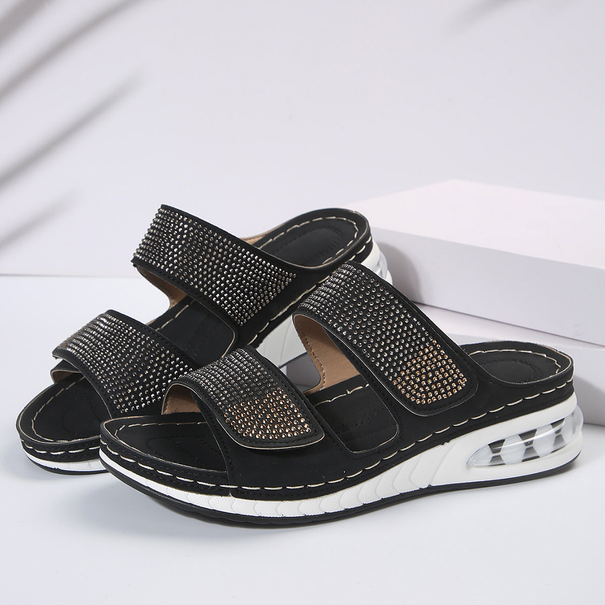 BreezeGem Summer Wedge: Rhinestone Roman Slides