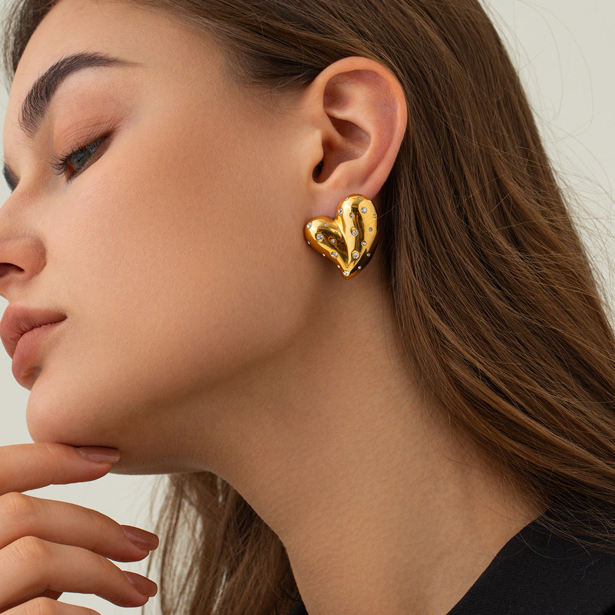 Glamorous Adornments: 18K Gold Stainless Steel Love Heart Earrings with White Diamond Inlay