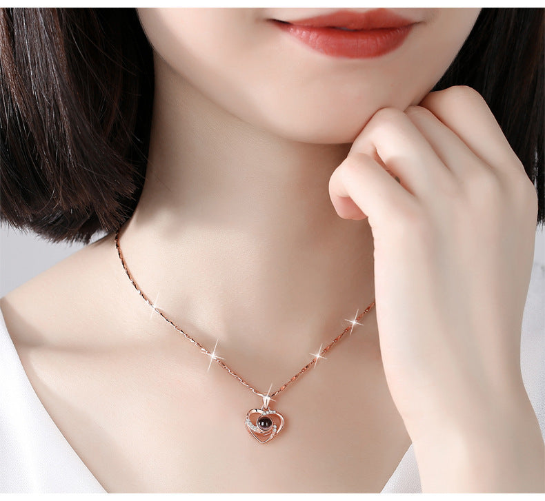 S925 Silver Heart-Shaped Pendant Necklace: Romantic Colorful Photo Projection