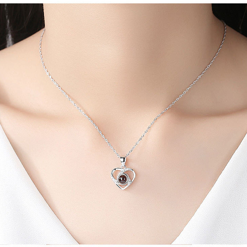 S925 Silver Heart-Shaped Pendant Necklace: Romantic Colorful Photo Projection