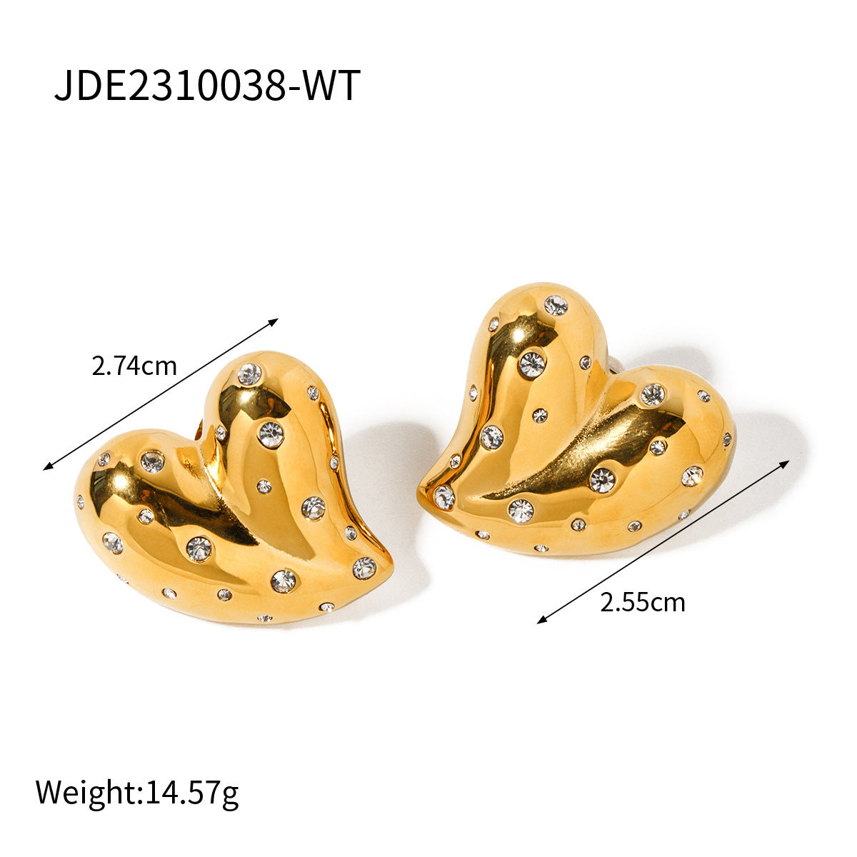 Glamorous Adornments: 18K Gold Stainless Steel Love Heart Earrings with White Diamond Inlay
