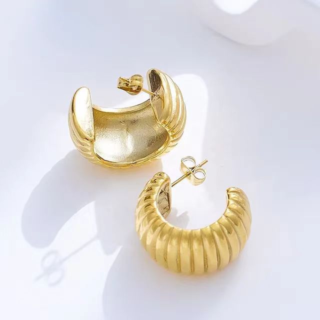 Gleaming Simplicity: 18K Stainless Steel Wide Stripe C-Shaped Earrings