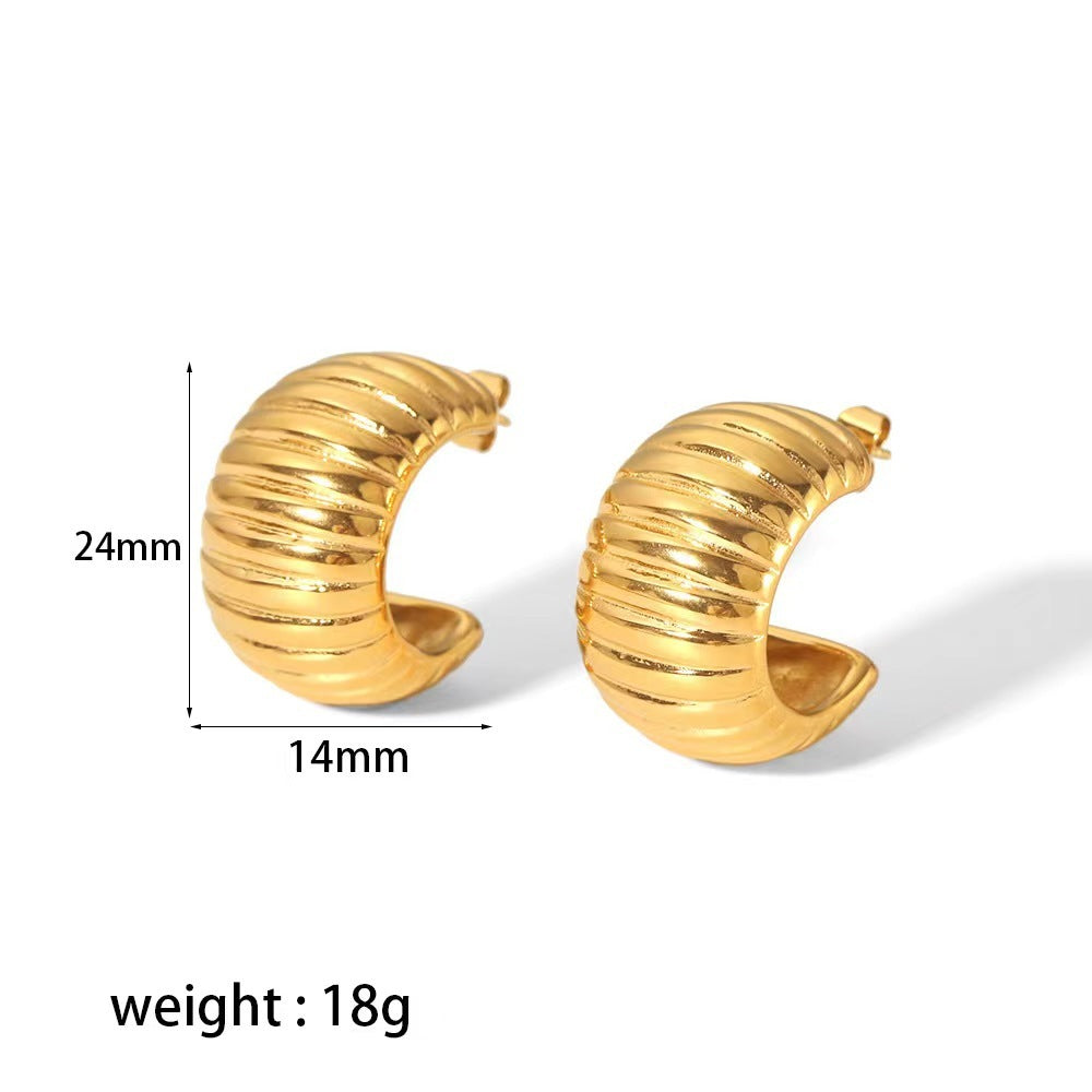 Gleaming Simplicity: 18K Stainless Steel Wide Stripe C-Shaped Earrings