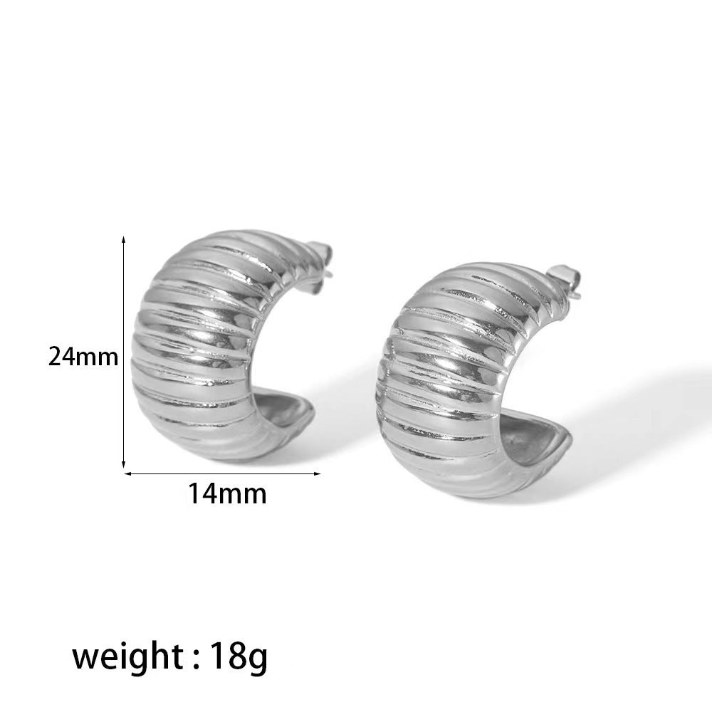 Gleaming Simplicity: 18K Stainless Steel Wide Stripe C-Shaped Earrings