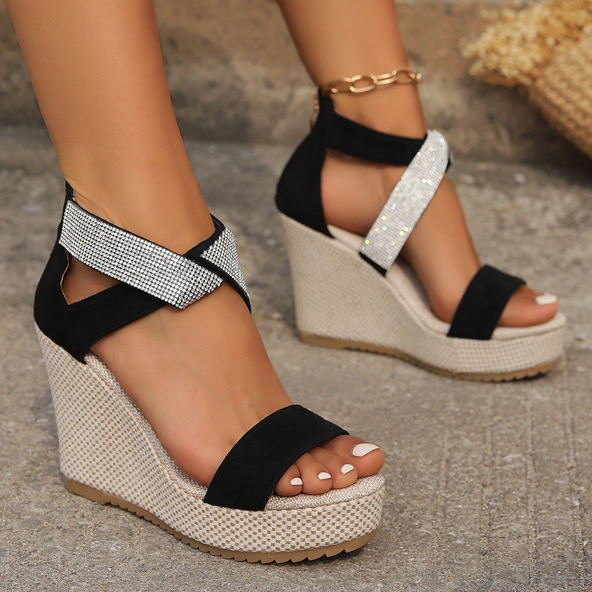 Glamorous Heights: Rhinestone Platform Wedge Sandals for Stylish Summers