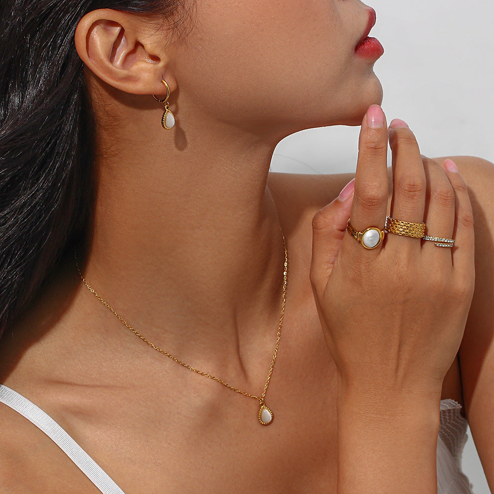 Opulent Opal: European and American Ins Fashion Minimalistic Water Drop Earrings with Stainless Steel Plated Necklace