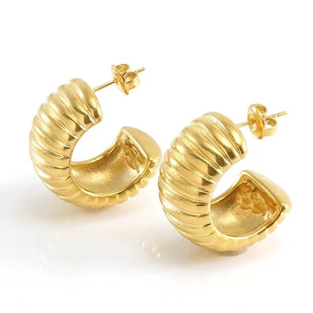 Gleaming Simplicity: 18K Stainless Steel Wide Stripe C-Shaped Earrings