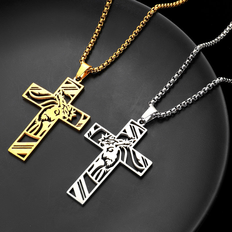Divine Strength: Stainless Steel Hollow Cross Pendant Titanium Necklace