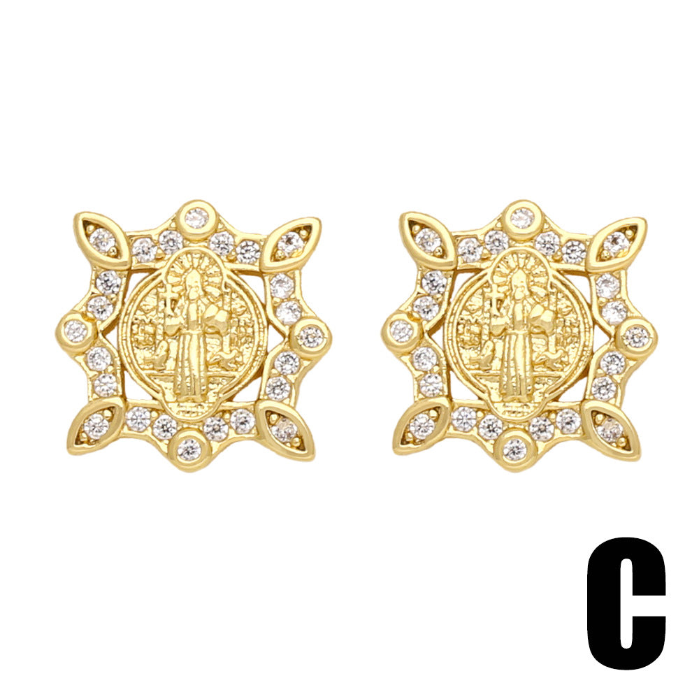Sacred Radiance: Zircon Virgin Mary Ear Studs in Copper with 18K Gold Plating
