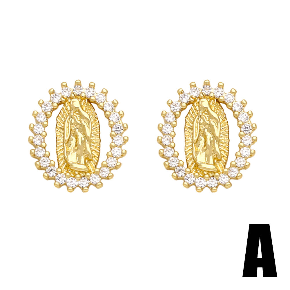 Sacred Radiance: Zircon Virgin Mary Ear Studs in Copper with 18K Gold Plating