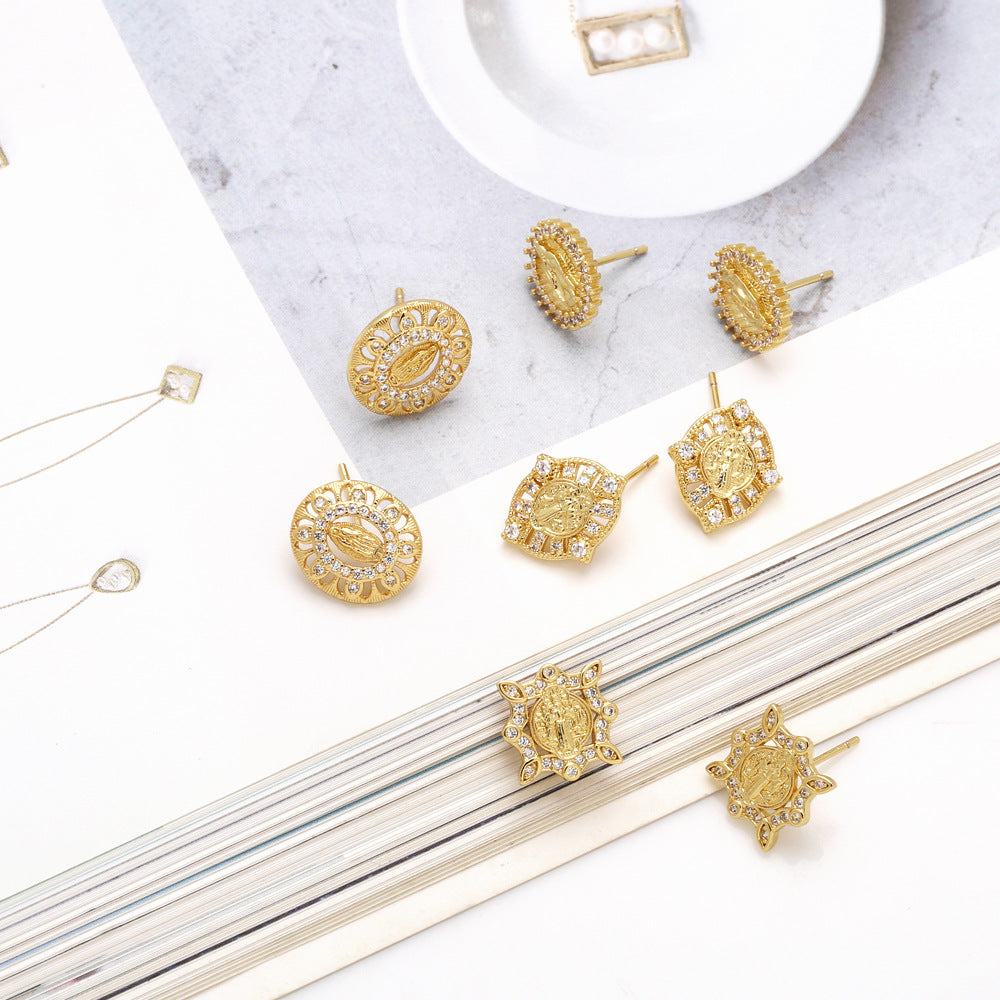 Sacred Radiance: Zircon Virgin Mary Ear Studs in Copper with 18K Gold Plating