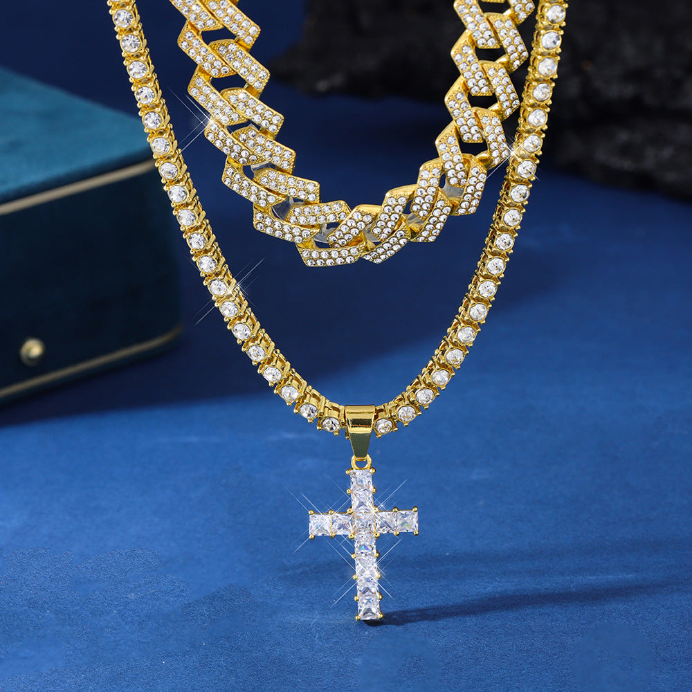 Blinged Out: Zircon Cross Pendant Necklace on Full Miami Curb Cuban Chain