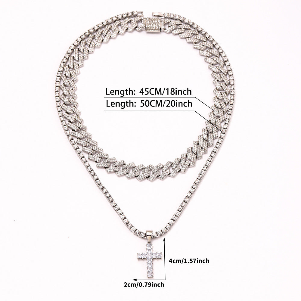 Blinged Out: Zircon Cross Pendant Necklace on Full Miami Curb Cuban Chain