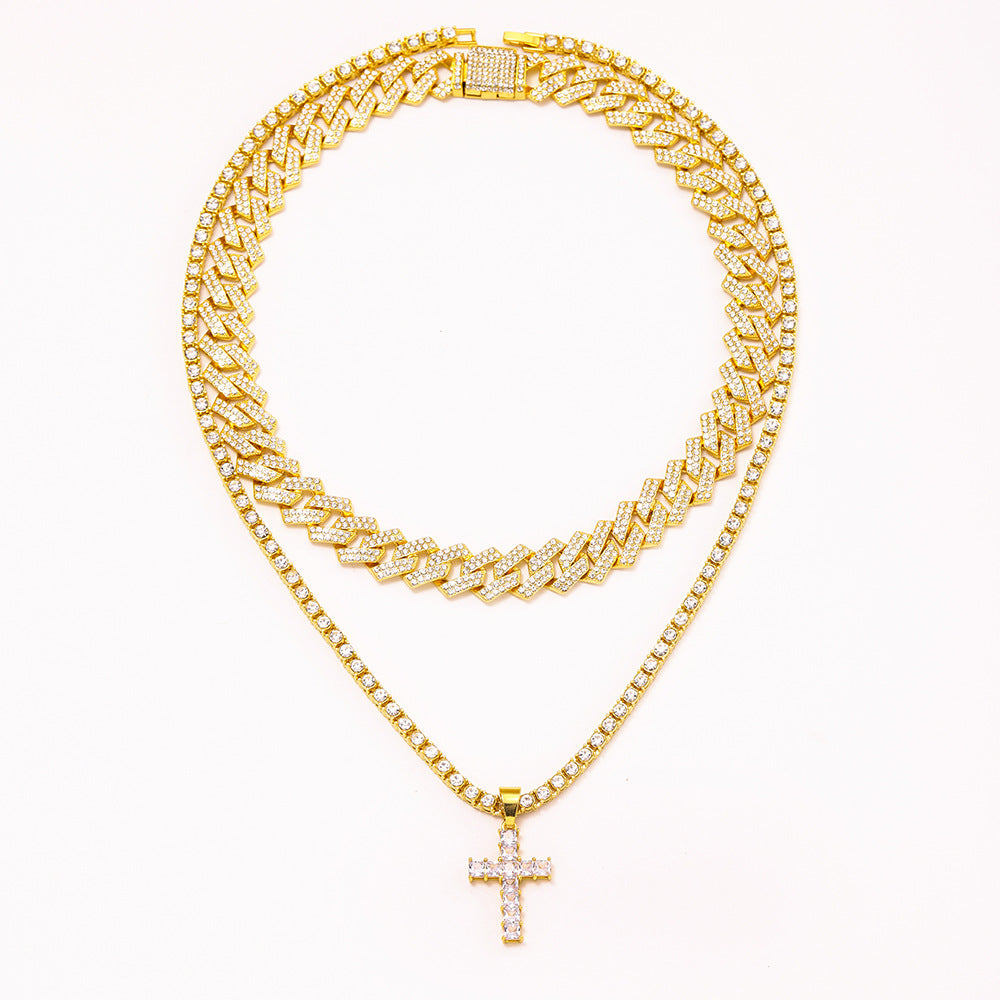 Blinged Out: Zircon Cross Pendant Necklace on Full Miami Curb Cuban Chain