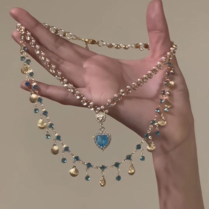 Oceanic Elegance: Vintage Clavicle Chain with Shell, Aquamarine, and Zircon Tassel