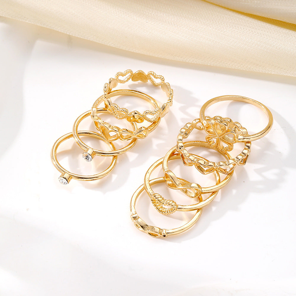 Vintage Gold Heart Rings Set: 9-Piece Collection Featuring Hollow Irregular Geometric and Butterfly Designs, Perfect Fashion Jewelry Accessories Gift for Women