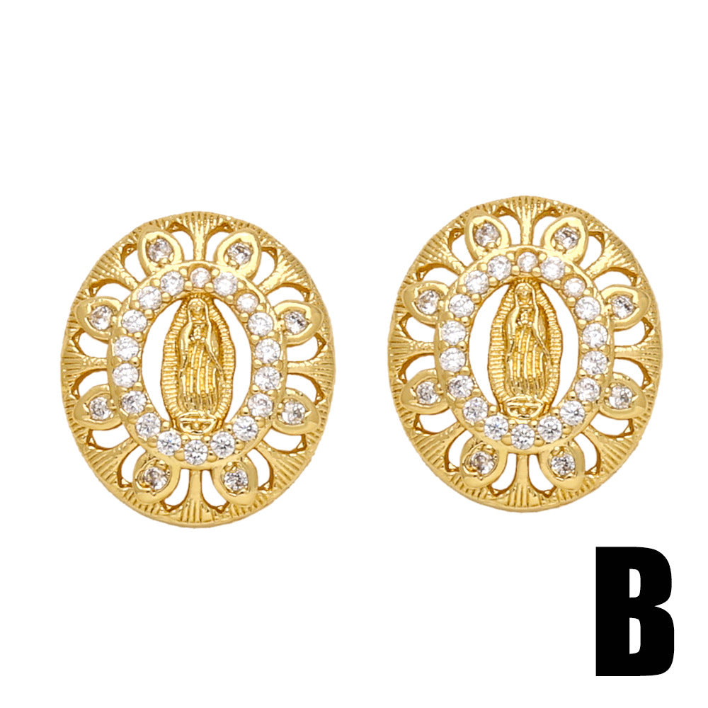 Sacred Radiance: Zircon Virgin Mary Ear Studs in Copper with 18K Gold Plating