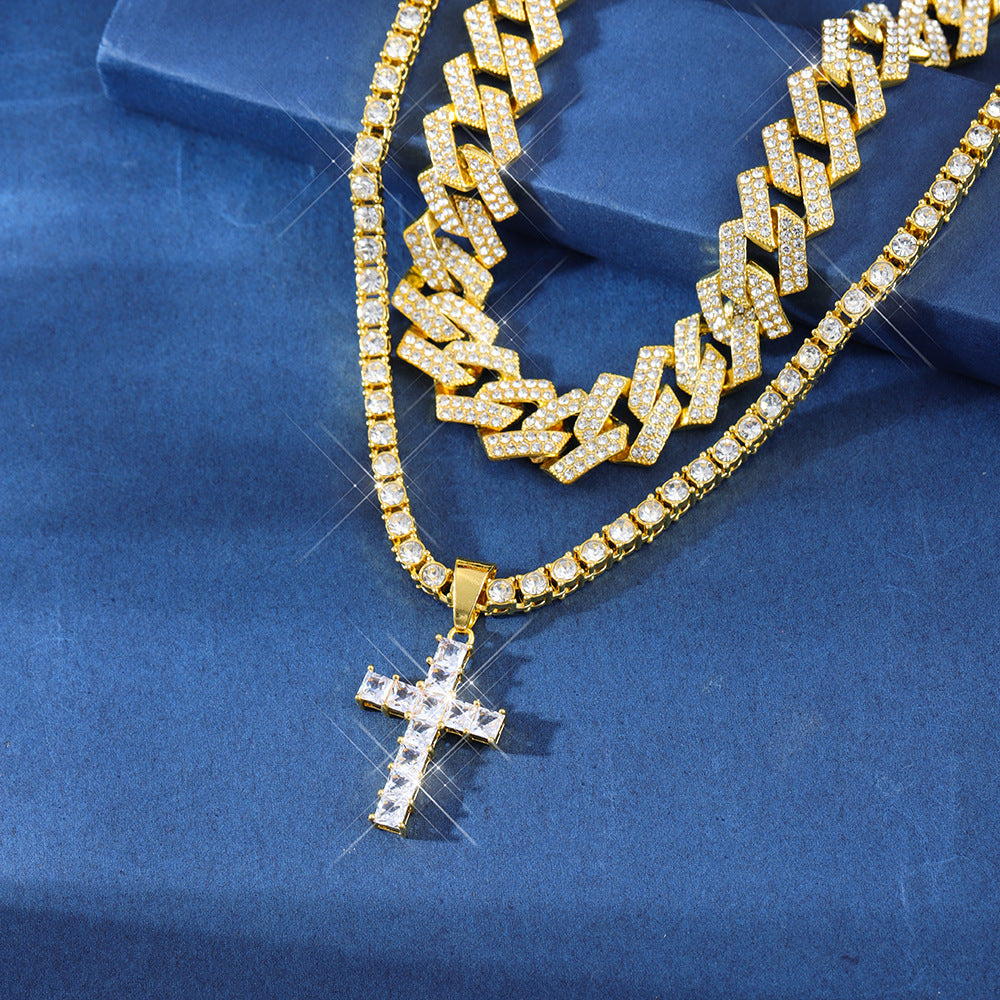 Blinged Out: Zircon Cross Pendant Necklace on Full Miami Curb Cuban Chain