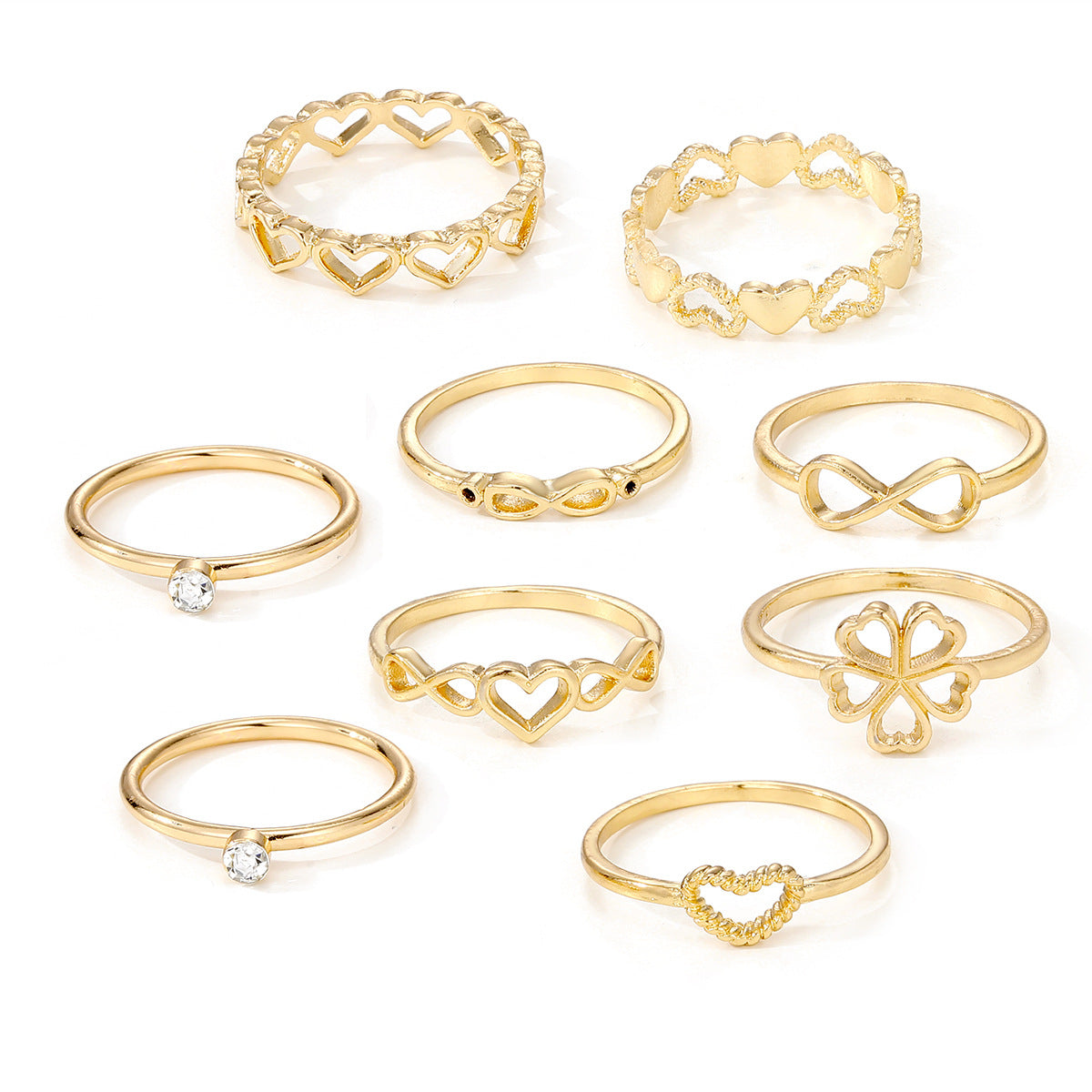Vintage Gold Heart Rings Set: 9-Piece Collection Featuring Hollow Irregular Geometric and Butterfly Designs, Perfect Fashion Jewelry Accessories Gift for Women