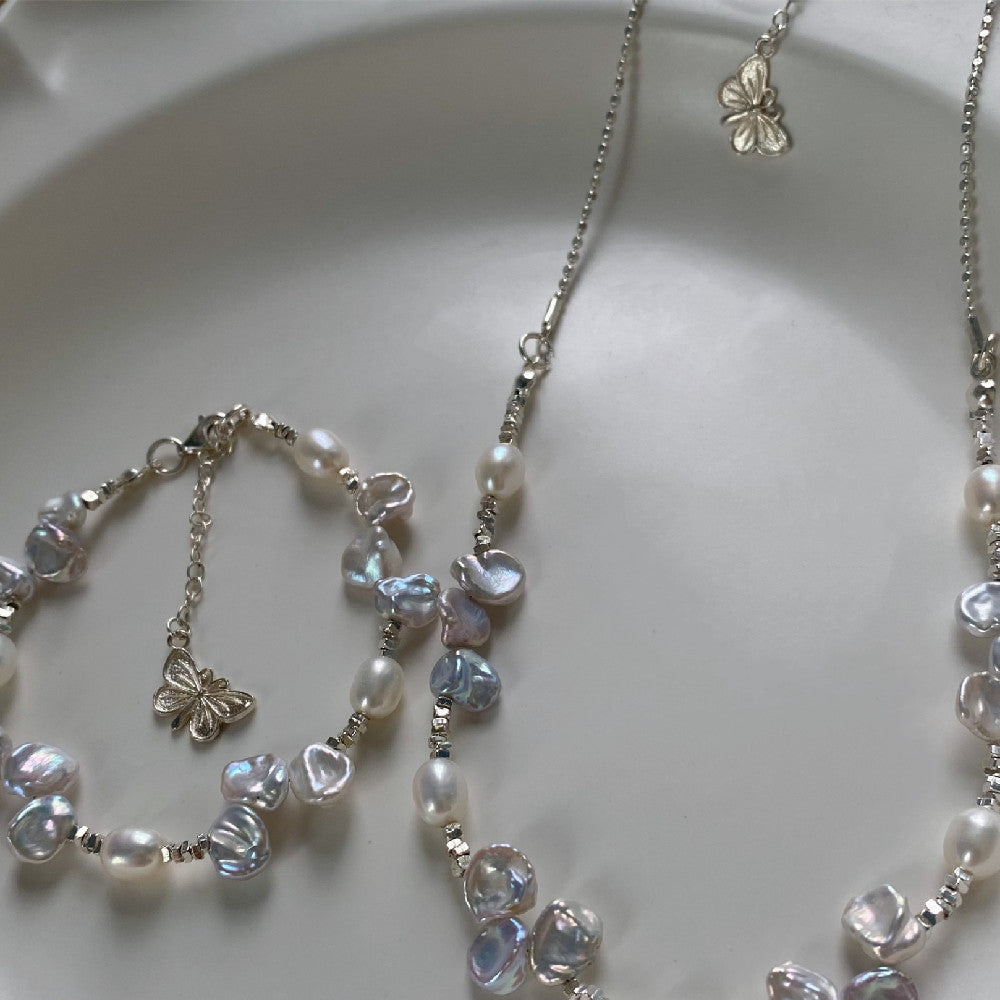 Pearl Flutter: Women's Butterfly Necklace and Bracelet Set