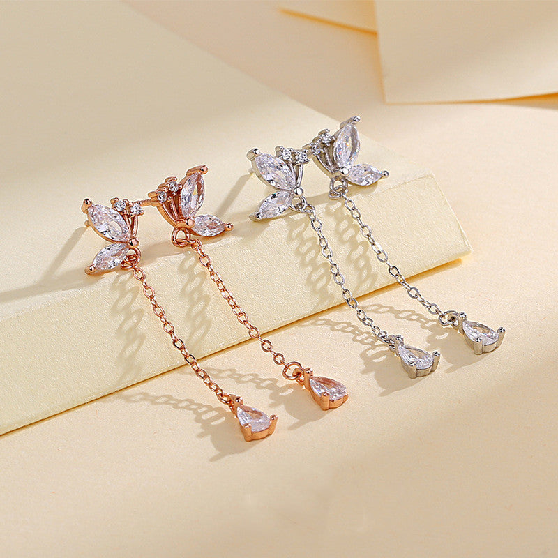 Whimsical Flutter: S925 Butterfly Zircon Tassel Earrings