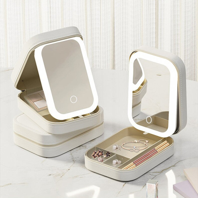 Glow & Go: Portable Makeup Storage Box with LED Mirror and Touch Light
