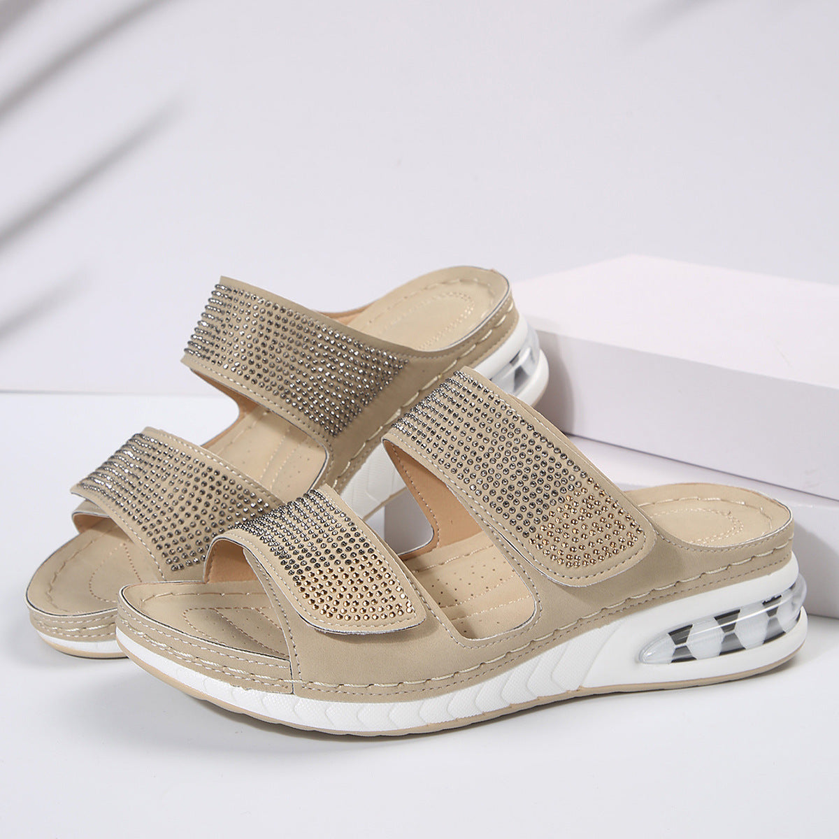 BreezeGem Summer Wedge: Rhinestone Roman Slides