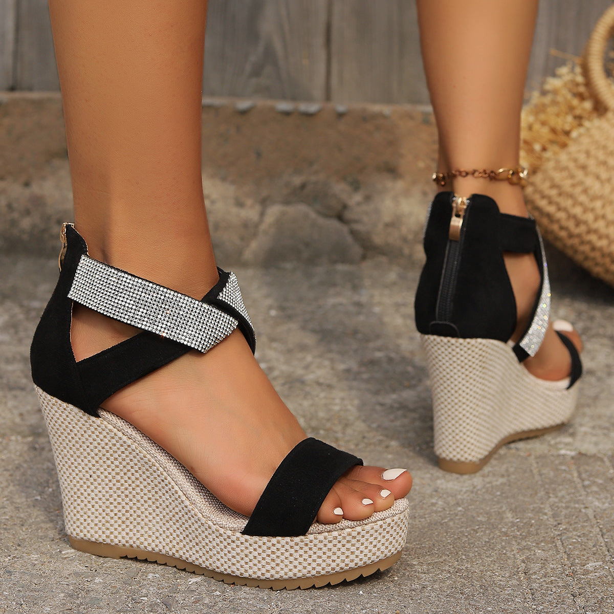 Glamorous Heights: Rhinestone Platform Wedge Sandals for Stylish Summers