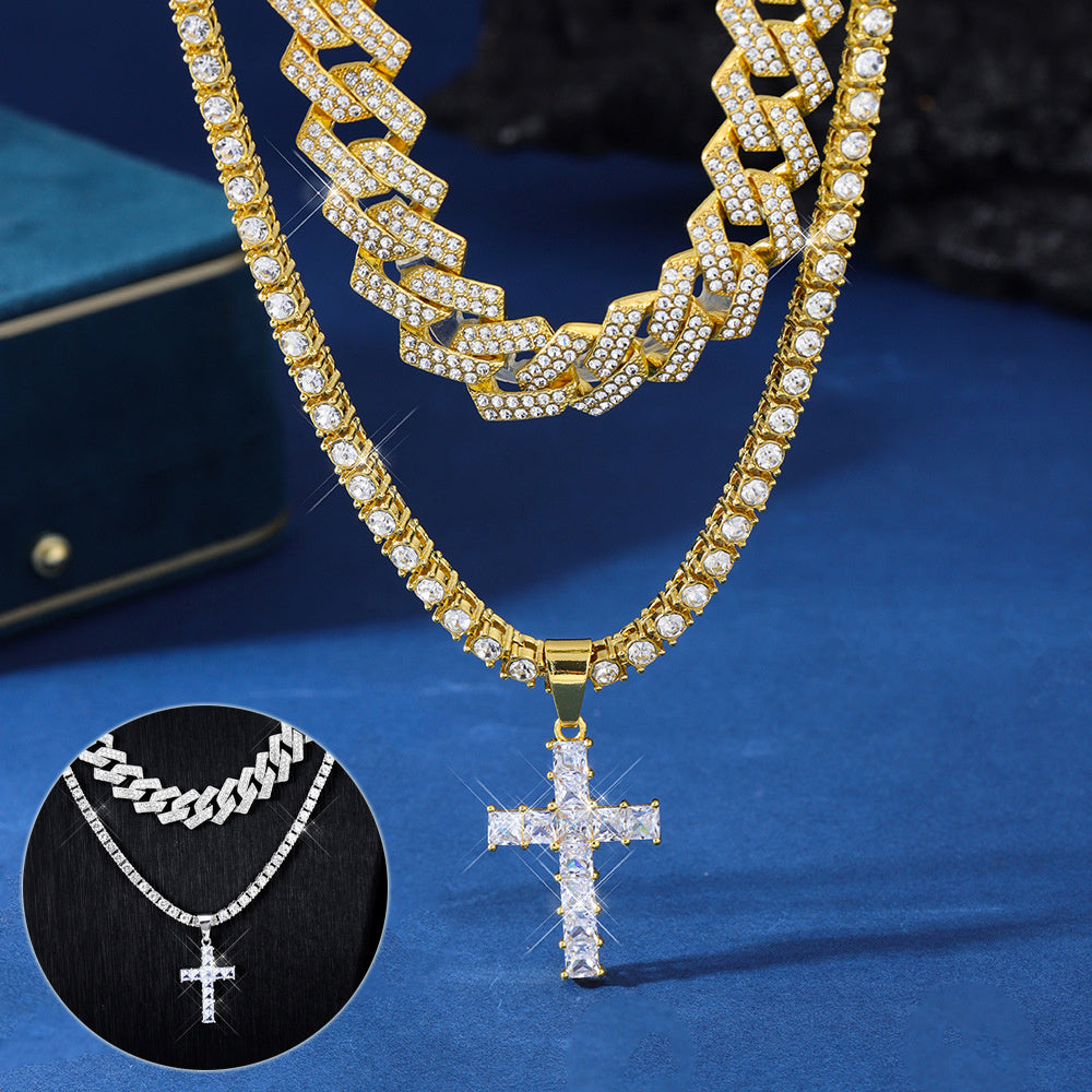 Blinged Out: Zircon Cross Pendant Necklace on Full Miami Curb Cuban Chain