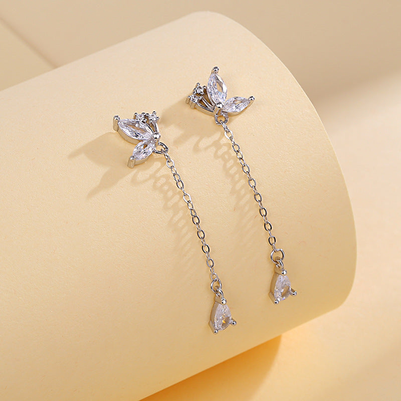 Whimsical Flutter: S925 Butterfly Zircon Tassel Earrings