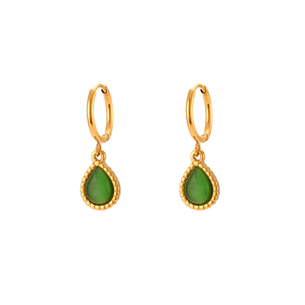 Opulent Opal: European and American Ins Fashion Minimalistic Water Drop Earrings with Stainless Steel Plated Necklace