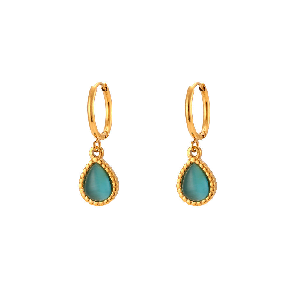 Opulent Opal: European and American Ins Fashion Minimalistic Water Drop Earrings with Stainless Steel Plated Necklace