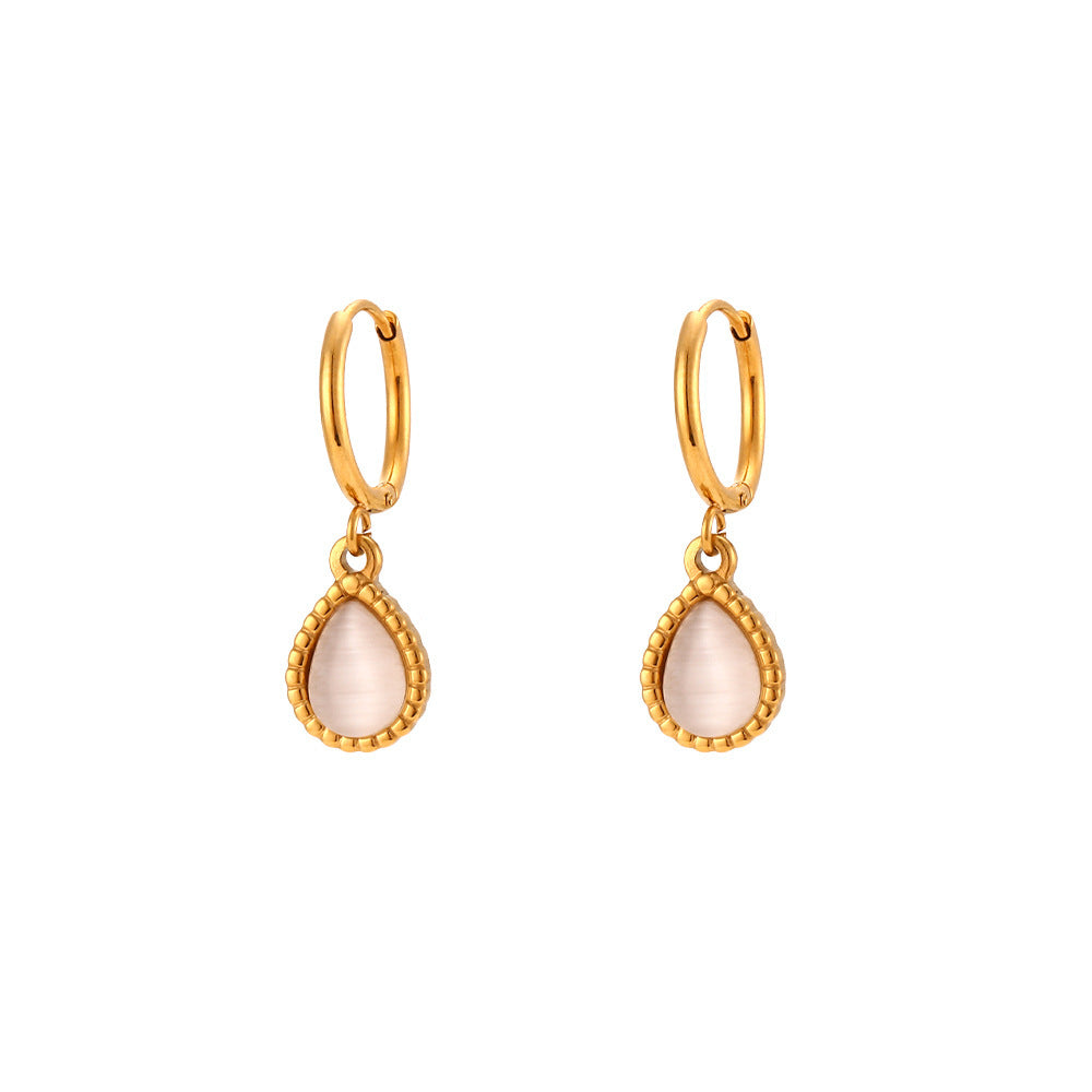 Opulent Opal: European and American Ins Fashion Minimalistic Water Drop Earrings with Stainless Steel Plated Necklace