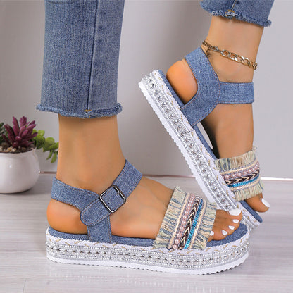 Summer Chic: Women's Ethnic Style Denim Sandals with Tassel Detailing and Thick Sole - Elevate Your Fashion Game!