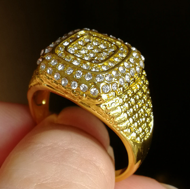 Gold-Plated Hip Hop Men's Ring: Micro Inlaid Zircon for Full Diamond Effect