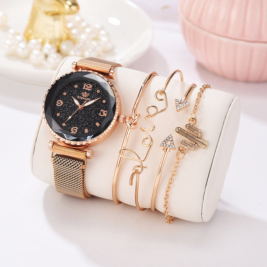 Starry Night Elegance: Fashion Bracelet Wristwatch with Magnet Buckle for Women, Featuring Roman Numerals - A Simple Clock Gift