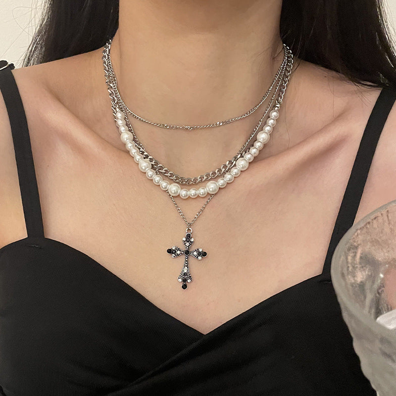 Divine Layers: Pearl Cross Pendant Clavicle Chain Necklace