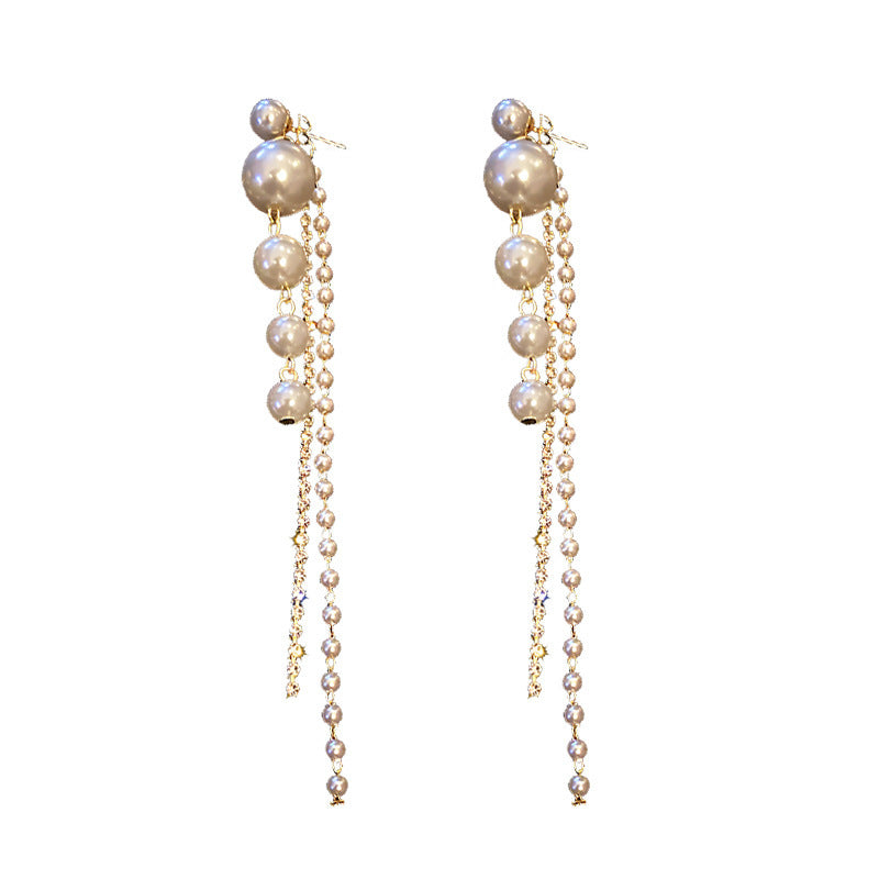 Radiant Elegance: 925 Silver Needle Pearl Tassel Long Earrings