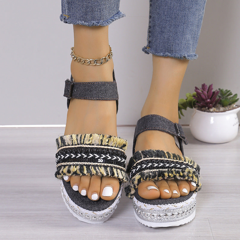 Summer Chic: Women's Ethnic Style Denim Sandals with Tassel Detailing and Thick Sole - Elevate Your Fashion Game!