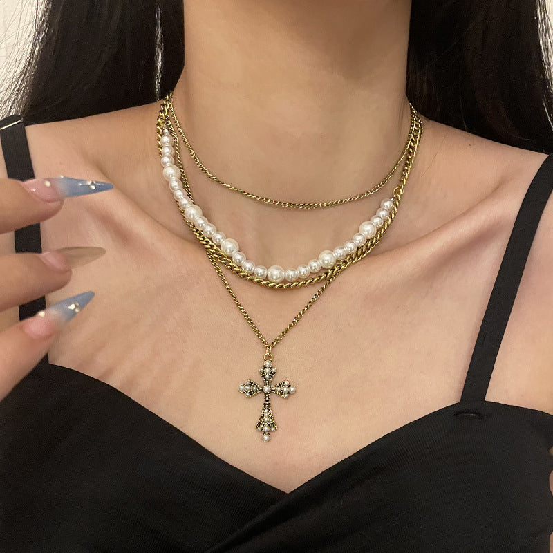 Divine Layers: Pearl Cross Pendant Clavicle Chain Necklace