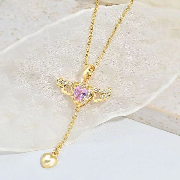 Cupid's Embrace: Angel Wings Tassel Necklace with Crystal Clavicle Chain